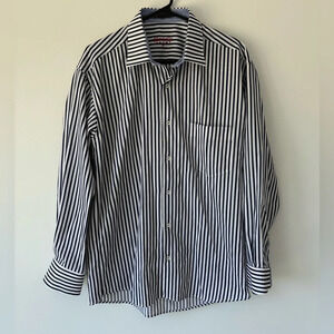 Marcello Sport Polo Button Down White Blue Strips Business Casual Nautical
